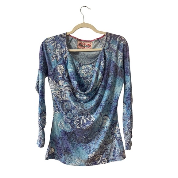 Robert Graham Long Sleeve Blouse Top Size Small Blue Floral Scroll Printed Sheer - Picture 1 of 8